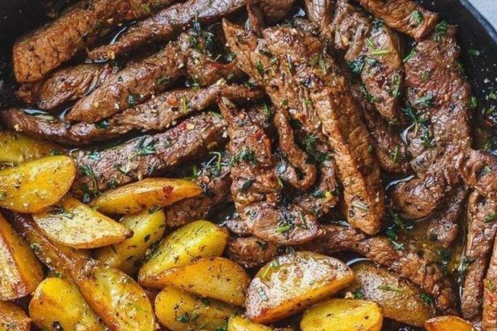Bife de Frigideira com Manteiga de Alho e Batatas vem ver Bife de Frigideira com Manteiga de Alho e Batatas vem ver